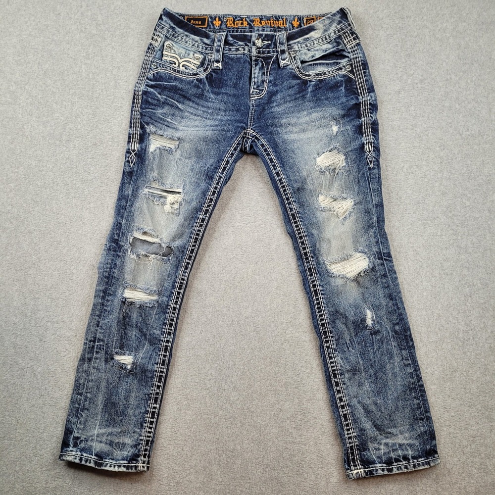 Rock Revival Jena Crop Jeans‎ Womens 28 Blue Distressed Rhinestone EP9283C202